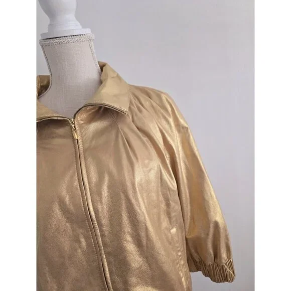 St John Gold Metallic Lambs Leather Silk 80s Retro Shimmer Bomber Zip Jacket M